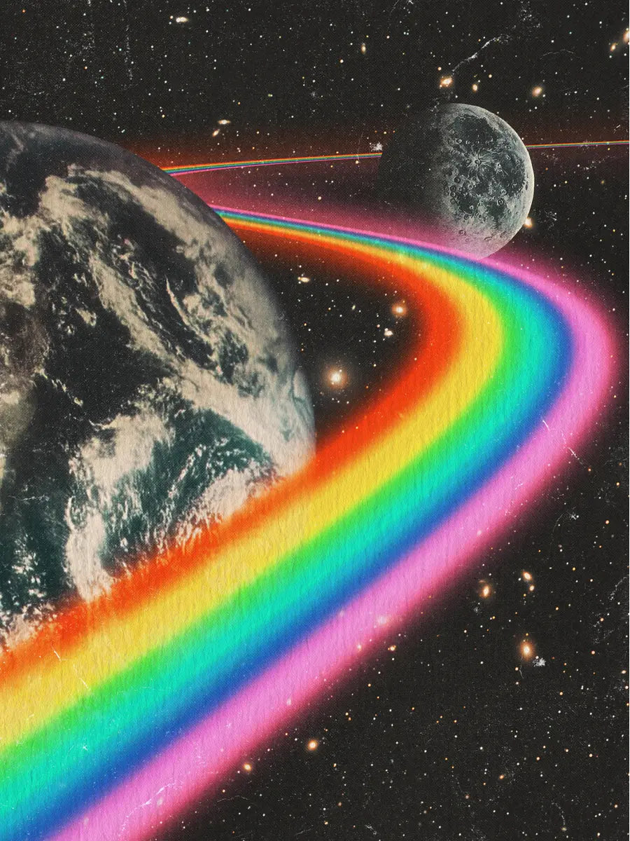 Illustration einer Regenbogenstraße, die von der Erde zu einem anderen Planeten im Weltall führt.