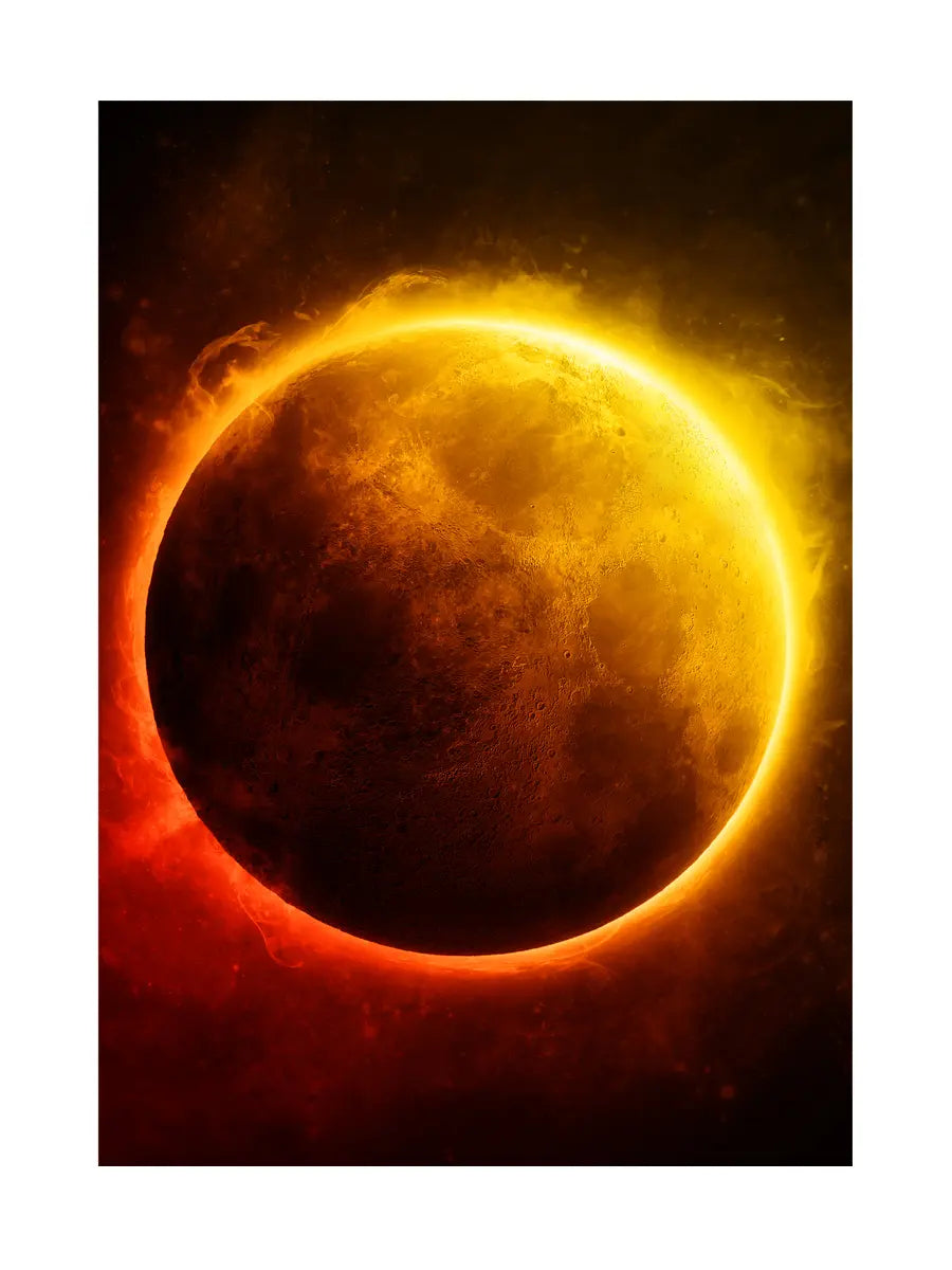 Illustration einer Sonnenfinsternis mit leuchtend gelben und roten Farbtönen.