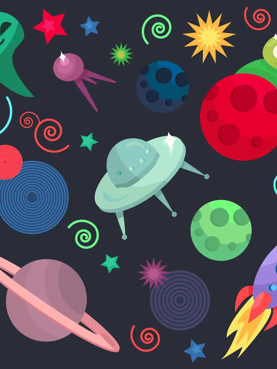 Illustration von bunten Planeten, Sternen und UFOs auf dunkelgrauem Hintergrund.
