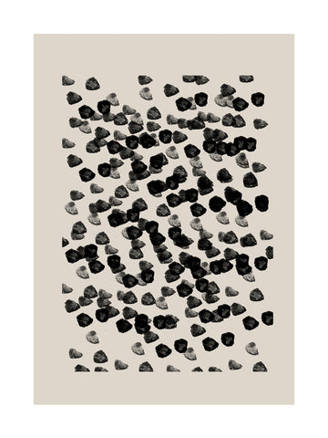 Grafische Illustration mit schwarzen und grauen Punkten auf beigem Hintergrund.
