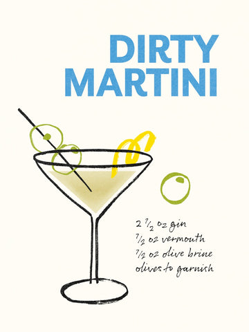Illustration eines Dirty Martini Cocktails mit Rezept und blauen Buchstaben.