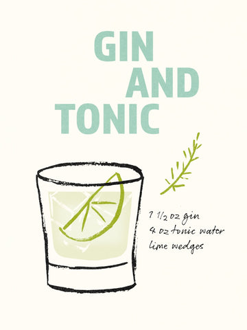 Illustration eines Gin Tonic mit Rezept in schwarzer Schrift auf cremeweißem Hintergrund.