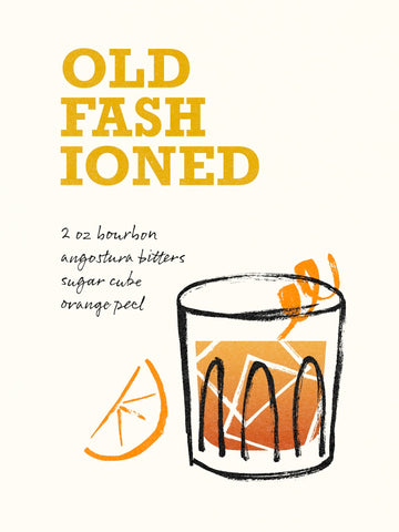 Illustration eines Old Fashioned Cocktails mit Rezept auf beigefarbenem Hintergrund.