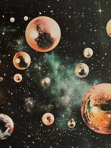 Poster mit blasenartigen Planeten und Sternen im Weltraum.