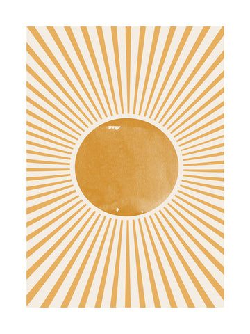 Grafische Illustration einer orangefarbenen Sonne mit Strahlen auf beigem Hintergrund.