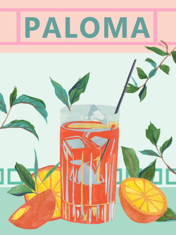 Illustration eines Paloma-Cocktails mit Orangenscheiben und Blättern.