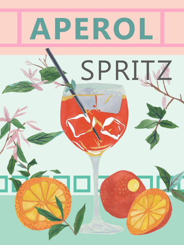 Poster mit Aperol Spritz, umgeben von Orangen und grünen Blättern, hellgrüner Hintergrund mit rosa Streifen.