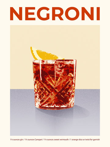 Grafische Illustration eines Negroni-Cocktails in einem Glas mit Orangenscheibe.