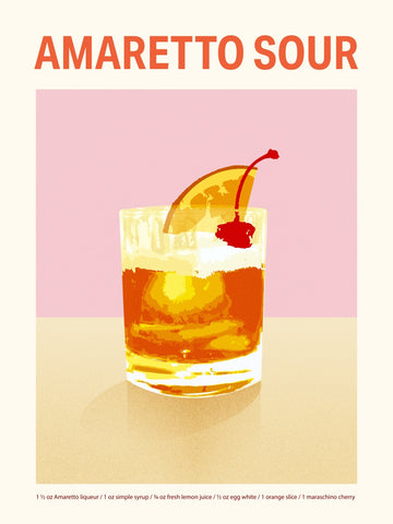 Poster eines Amaretto Sour Cocktails mit Zutatenliste.