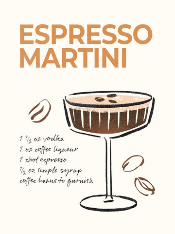 Illustration eines Espresso Martini Cocktails mit Rezeptliste.