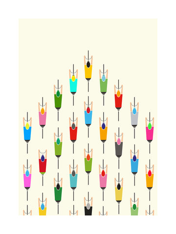 Stilisierte Darstellung eines Orchesters mit bunten, geometrischen Figuren.