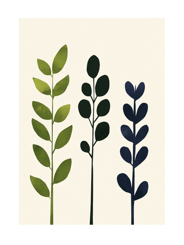 Illustration von drei Pflanzen mit großen Blättern in Grün und Schwarz auf hellem Hintergrund.