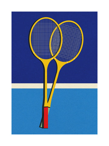 Grafische Illustration von zwei gelben Tennisschlägern auf blauem Hintergrund.