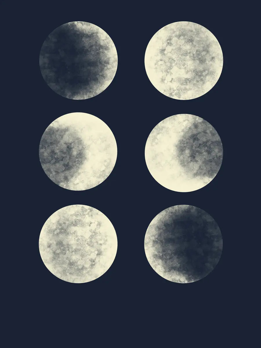 Grafische Illustration mit sechs Monden in Schwarz und Weiß auf dunkelgrauem Hintergrund.