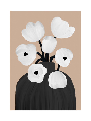 Illustration einer schwarzen Vase mit weißen Blumen auf hellbraunem Hintergrund.