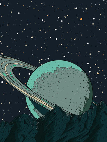 Illustration eines grünen Planeten mit Ringen hinter einem Berg, Nachthimmel mit Sternen.