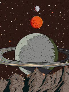 Illustration eines Planeten mit Ringen und zwei Monden im Weltraum, umgeben von Sternen und braunen Bergen im Vordergrund.