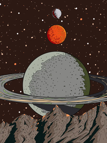 Illustration eines Planeten mit Ringen und zwei Monden im Weltraum, umgeben von Sternen und braunen Bergen im Vordergrund.