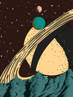 Grafische Illustration von Planeten im Weltraum über Bergen mit einem großen Planeten mit Ringen im Hintergrund.