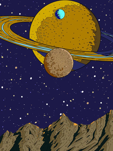 Illustration von Planeten und Sternen über einem Berg.