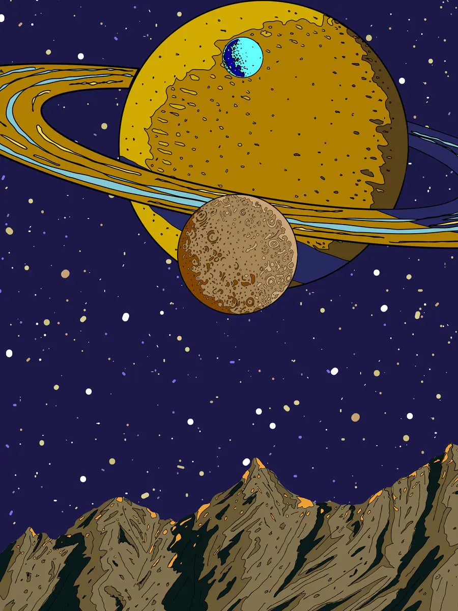 Illustration von Planeten und Sternen über einem Berg.
