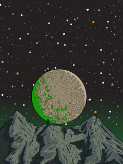 Illustration eines grünen Planeten mit Kratern im Weltraum über grauen Bergen.