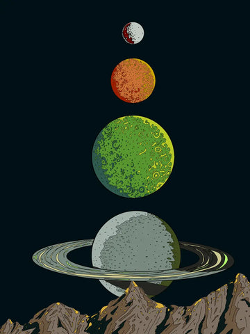 Illustration von vier bunten Planeten vor einem dunklen Hintergrund.