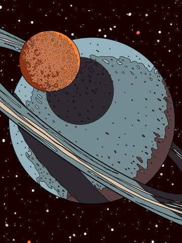 Illustration von zwei Planeten in Blau und Orange vor einem dunkelbraunen Hintergrund mit kleinen Punkten.