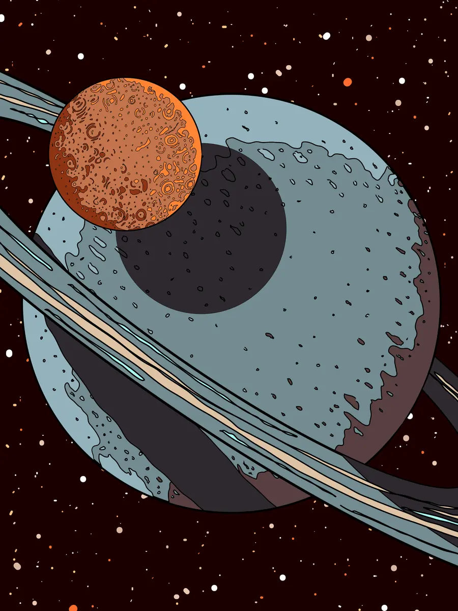 Illustration von zwei Planeten in Blau und Orange vor einem dunkelbraunen Hintergrund mit kleinen Punkten.