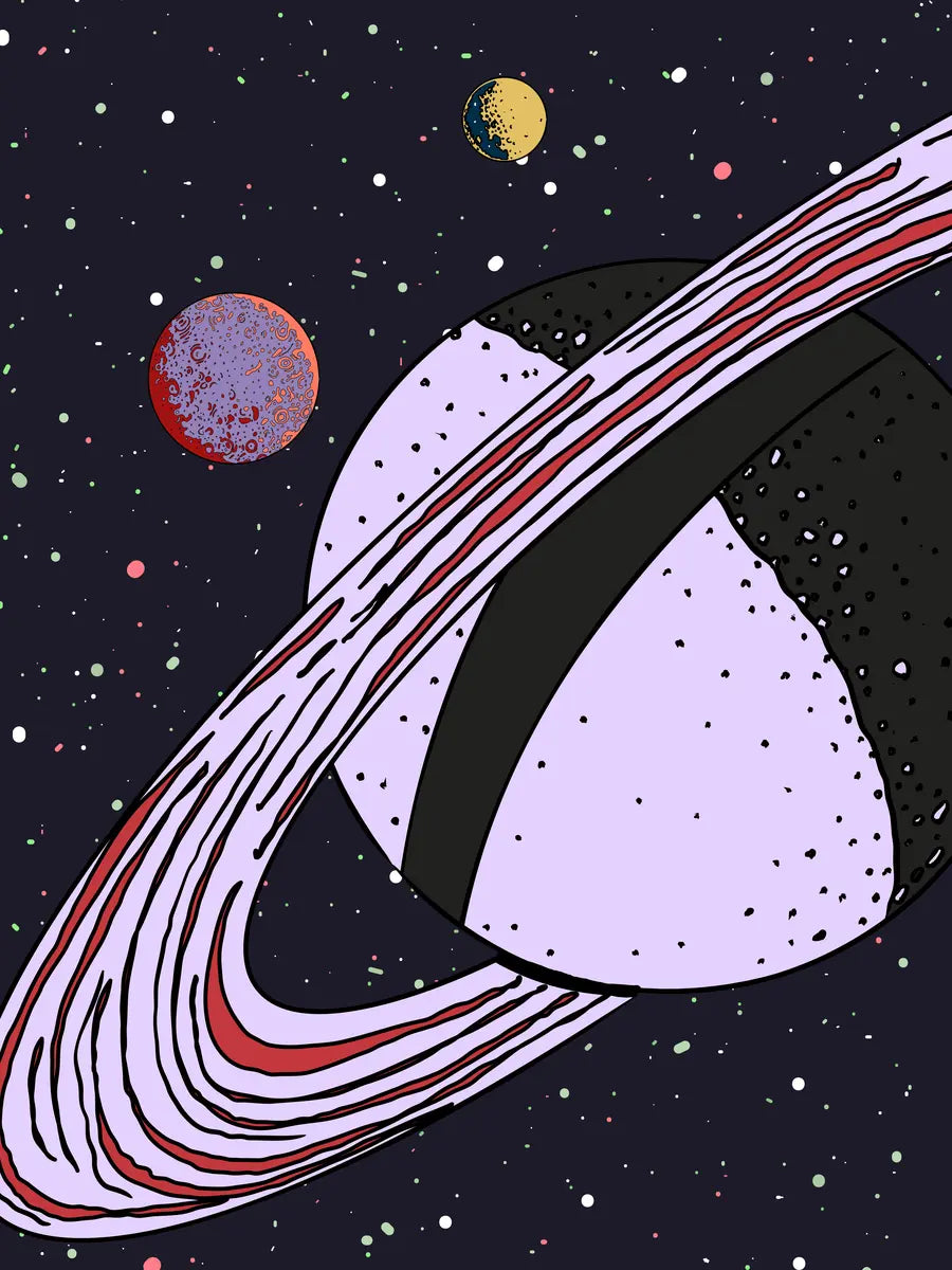 Illustration eines lila Planeten mit Ringen vor einem dunklen Hintergrund mit bunten Punkten und zwei weiteren Planeten.