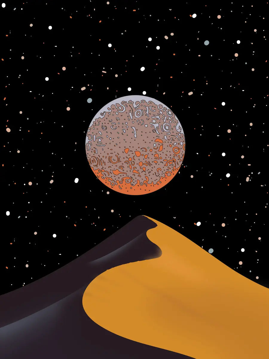 Illustration einer orangefarbenen Wüste unter einem sternenbedeckten Himmel mit einem orangefarbenen Mond.