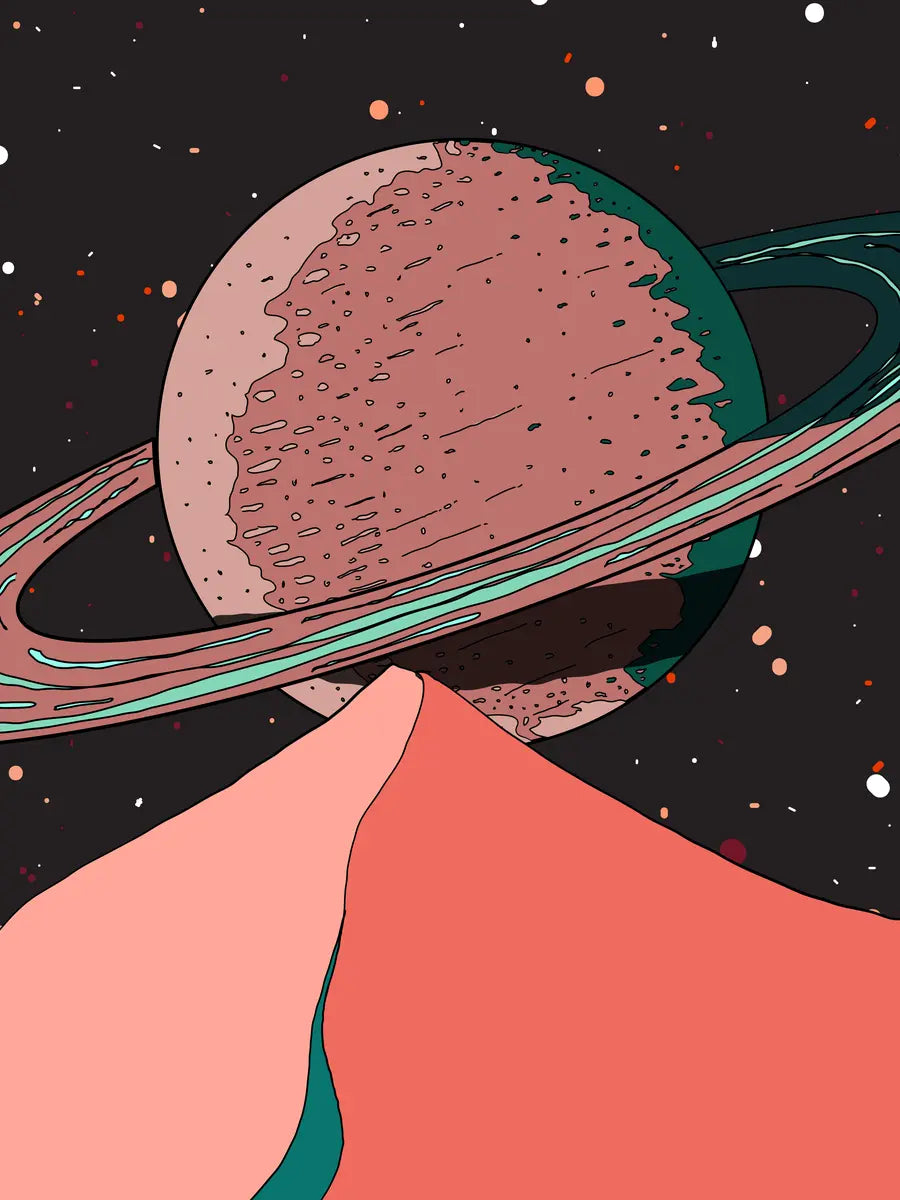 Illustration eines rosa Planeten mit grünen Ringen im Weltraum.