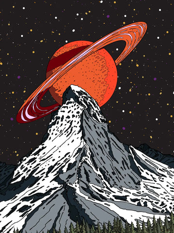 Illustration eines schneebedeckten Berges mit einem roten Planeten im Hintergrund und einem sternenklaren Himmel.