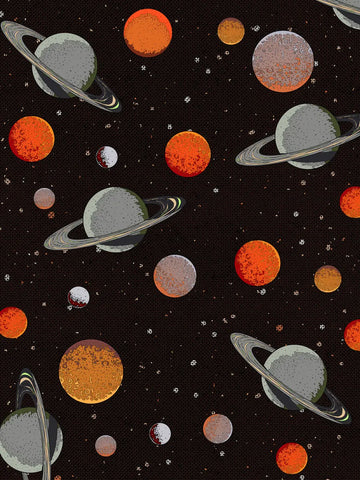 Muster aus orangefarbenen und grauen Planeten auf schwarzem Hintergrund.