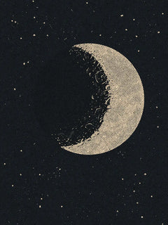 Grafische Illustration des Mondes in Schwarz und Beige mit gepunktetem Effekt vor einem dunklen Hintergrund.