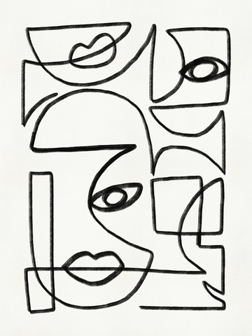 Grafik mit abstrakten Gesichtern und Formen in Schwarz auf weißem Hintergrund.
