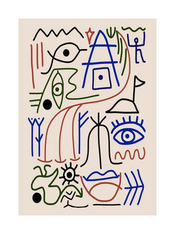 Poster mit bunten Linien und Symbolen auf beigem Hintergrund, darunter Augen und Pfeile.