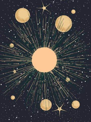 Grafische Illustration des Sonnensystems mit Sonne und Planeten in Beige auf dunkelgrauem Hintergrund.