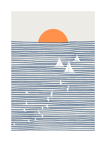 Grafische Illustration von weißen Segelbooten und Vögeln auf einem blau gestreiften Meer mit einer orangefarbenen Sonne im Hintergrund.