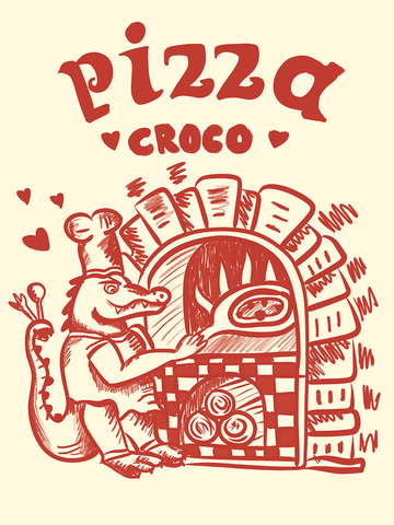 Illustration eines Krokodils, das eine Pizza in einem Steinofen backt, mit dem Text "Pizza Croco" darüber.