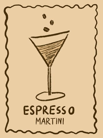 Illustration eines Espresso-Martini-Cocktails mit drei Kaffeebohnen auf beigem Hintergrund.