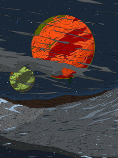 Illustration von zwei Planeten, einem roten und einem grünen, mit Wolken und Sternen am Himmel.