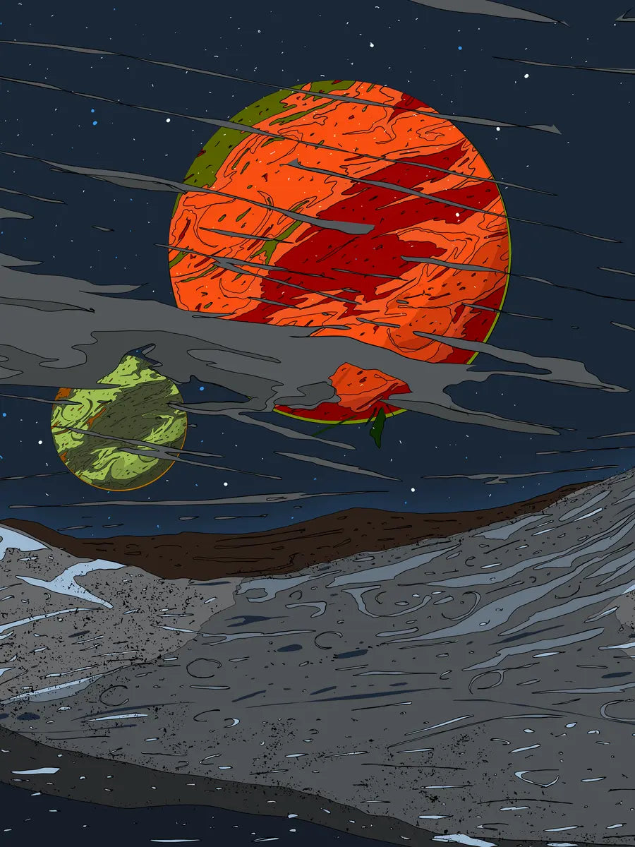 Illustration von zwei Planeten, einem roten und einem grünen, mit Wolken und Sternen am Himmel.