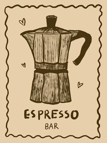 Illustration einer Espressokanne in Schwarz auf beigem Hintergrund mit dem Text Espresso Bar darunter.