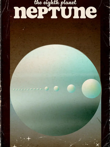 Poster mit einem großen, hellblauen Planeten auf braunem Hintergrund und dem Text "The eighth planet Neptune".