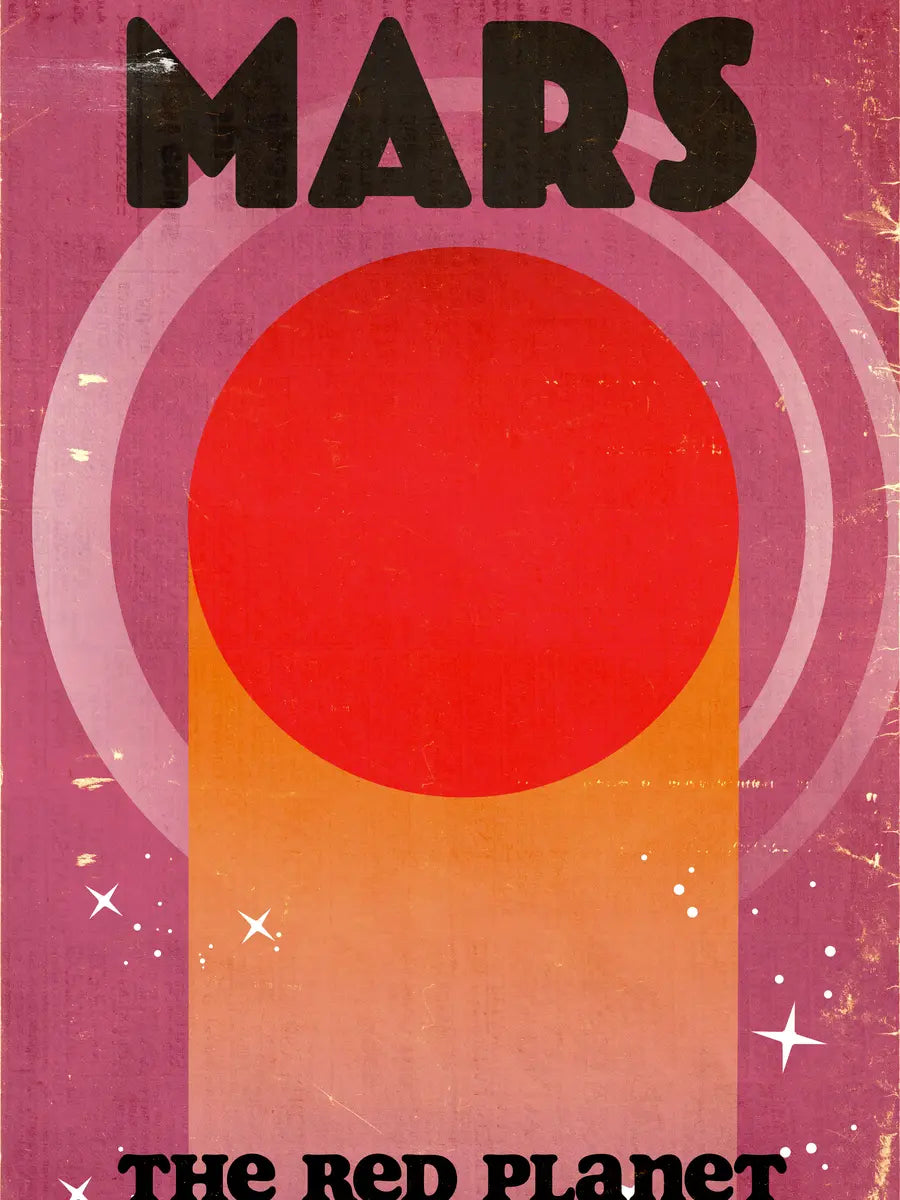 Grafische Illustration des Planeten Mars in Rot und Orange vor einem rosa Hintergrund mit kleinen Sternen.