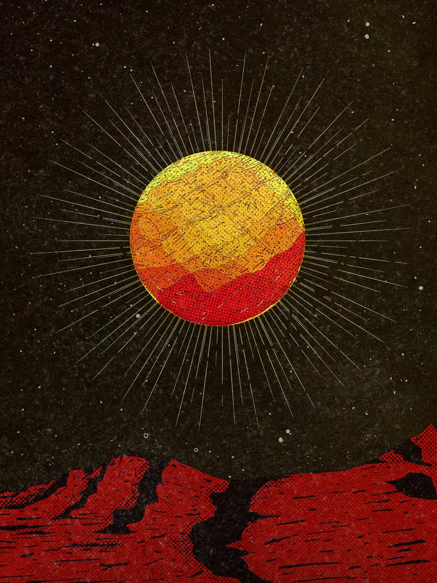 Grafische Illustration einer gelben und roten Sonne über einer roten Landschaft auf schwarzem Hintergrund.