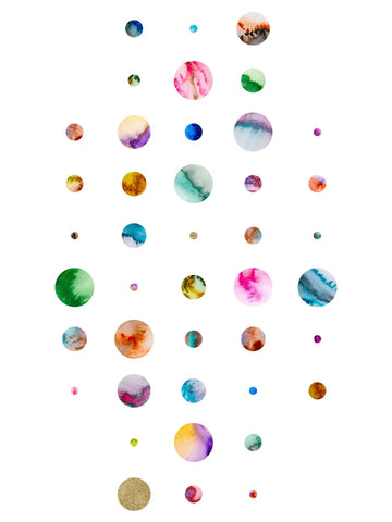 Buntes Poster mit kleinen, farbigen Planeten auf weißem Hintergrund.