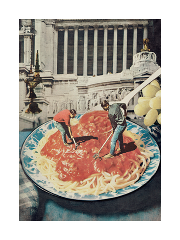 Poster mit Spaghetti-Gericht, Tomatensauce und zwei Miniaturfiguren, die in der Sauce arbeiten, vor einem Gebäude im Retro-Look.