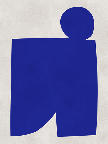 Abstrakte blaue Figur auf beigem Hintergrund.